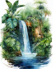 Watercolor waterfall and jungle greenery. Rain forest background, natural summer tropical landscape