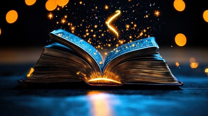 Magical Open Book with Glowing Stars and Light