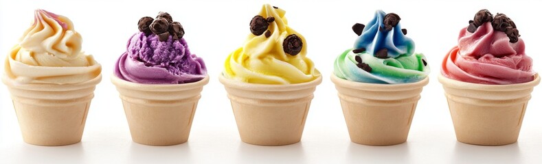 Five ice cream cones in different colors with chocolate chips on top.