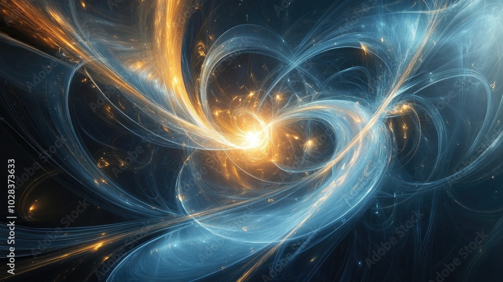 Fototapete a dynamic abstract image featuring swirling blue patterns and bright lens flares, conveying energy a