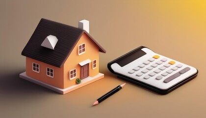 A 3D illustration of a house beside a calculator and a pencil, symbolizing home financing and budgeting in real estate.