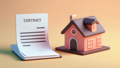 A 3D-rendered house beside a contract document, symbolizing real estate transactions and agreements.