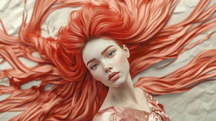 A captivating portrait of a woman with vibrant red hair flowing around her, showcasing intricate textures and serene facial expression.