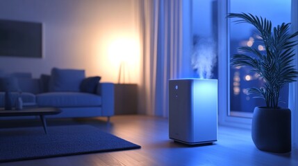 Modern humidifier in a living room with blue light and steam.