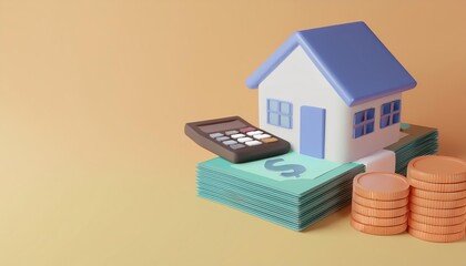 A miniature house sits on stacks of cash with a calculator, symbolizing real estate investment and financial planning.