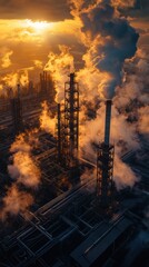 Fototapeta premium An enormous oil refinery at sunset, with complex steel structures