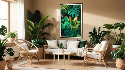 Tropical modern living room interior design with poster frame