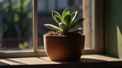 Fototapeta premium A small potted succulent plant sits on a window sill, bathed in the warm glow of sunlight streaming through the window.