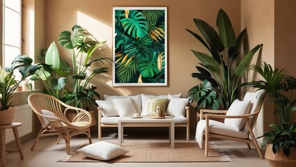 Fototapeta premium Tropical modern living room interior design with poster frame