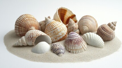 Assorted seashells nestled in sand, set against a plain white background, calm beach theme.
