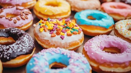 Assorted donuts with colorful toppings displayed on a stall, street food, sweet indulgence