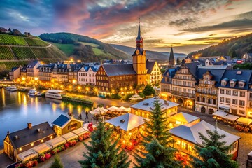 A picturesque Christmas market in the old town of Bernkastel, featuring traditional buildings, festive stalls, and twinkling lights. The serene riverside adds to the charm of the holiday scene.