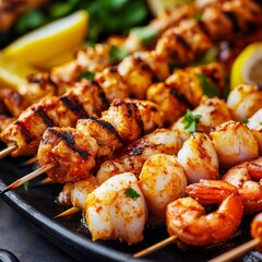 Assortment of grilled seafood skewers, colorful spices, street food, ocean flavors