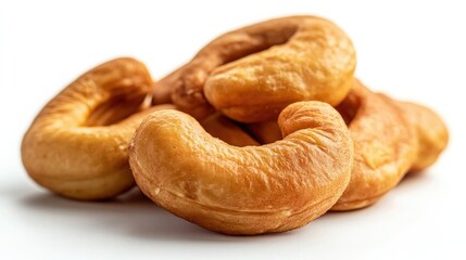 Close-up of roasted cashews on a white background, highlighting their curves and golden-brown color.