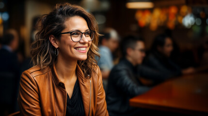 Obraz premium Very Happy Mature Caucasian Woman portrait with maroon curved hair and a camel elegant leather jacket with a blurry bar in background