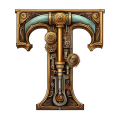Isolated uppercase Letter T in Steampunk style mainly metal copper brown and wood with many gears and lots of details