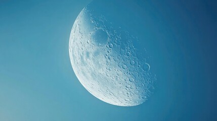 Crescent moon phase visible in a bright blue sky, close-up view with crisp lunar details.