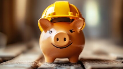 Piggy Bank With Construction Hard Hat, Generative AI