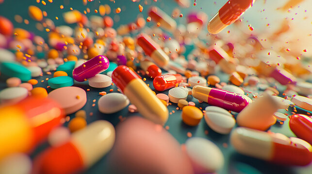 Macro shot of scattered tablets and capsules brightly