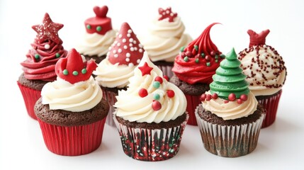 Hand-decorated Christmas cupcakes with creamy icing and whimsical holiday decorations, set against a simple white background.