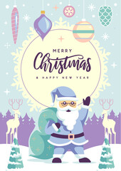 Merry Christmas and Happy New Year greeting card, cover or poster with Santa Claus. Christmas background. Flat design. Vector illustration
