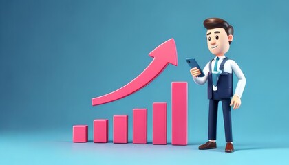 A cartoon character in business attire holds a smartphone next to an ascending bar graph, symbolizing growth and success in a modern, minimalist style.