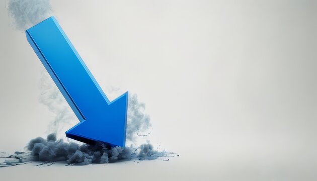 A blue arrow pointing downwards, surrounded by a cloud of dust, suggests a decline or downward trend in a minimalistic setting.