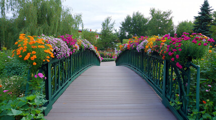 A charming pedestrian bridge adorned with flowers