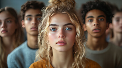 a mixed group of modern young adults looking on with expressions of concern and disbelief