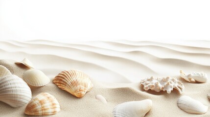 Soft sand with a range of seashells spread out on a blank white background, tropical feel.