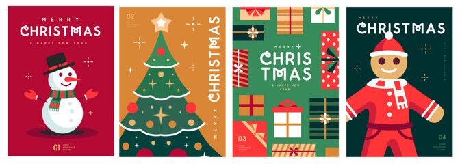 Set of Merry Christmas and Happy New Year greeting cards, covers or posters with holiday attributes. Christmas background. Flat design. Vector illustration