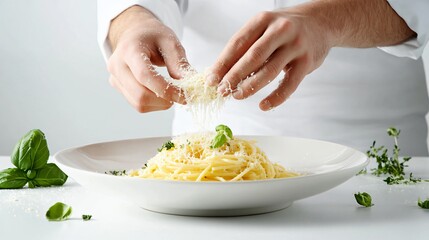 Chef adding grated Parmesan cheese to a plate of pasta.