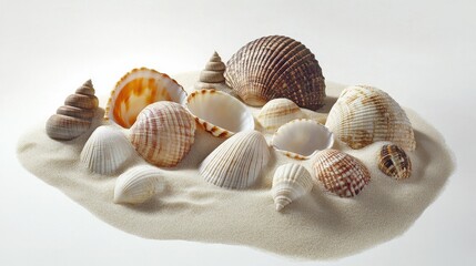 Variety of seashells partially buried in sand on a clean white background, beach-themed design.