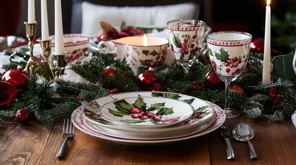Festive Table Setting with Holiday Decor and Tableware
