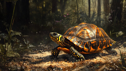 Obraz premium A charming ornate box turtle exploring the forest floor