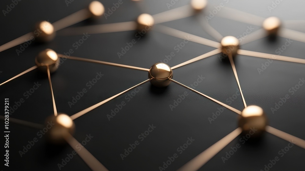 Wall mural abstract network structure with golden nodes and connections on a black background.