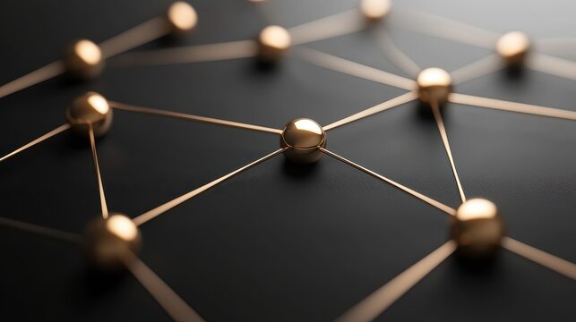 Abstract network structure with golden nodes and connections on a black background.