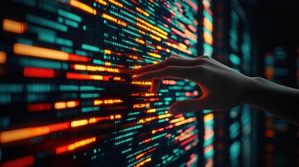 Futuristic hand reaching towards a digital interface with vibrant neon lines, emphasizing innovation and technology.