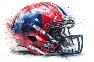 Fototapeta premium Football helmet with USA flag design, side view, no shadow, retro vector, used, old helmet, flat, paint style, watercolor style,