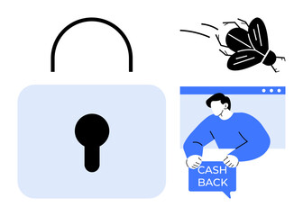 Large padlock with keyhole, a flying insect, and a man holding a cashback sign. Ideal for themes of security, safety, online shopping, cashback rewards, and anti-bug software. Simple vector style
