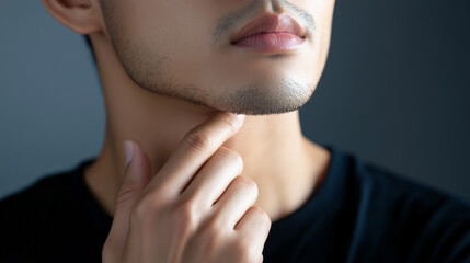 Obraz premium Asian man touch his face with his hand, showing his beautiful skin and freshly shaved beard