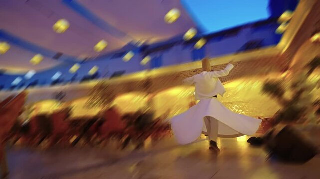 Sufi Whirling Dervish Turning Around Performing Dance in Traditional Dress in Slow motion. Concept of Transcendence, Devotion, Performance, Faith, Ritual, Meditation, Turkish Culture
