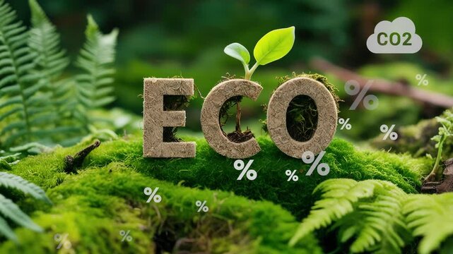 Eco Text on Green Moss Background,Net Zero.CO2 reduce.Green energy zero emission carbon co2 reduction graph charts,business virtual touch screen to show alternative energy growth