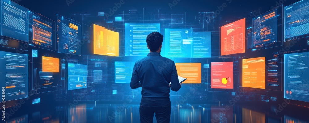 Poster man facing digital screens with data and code