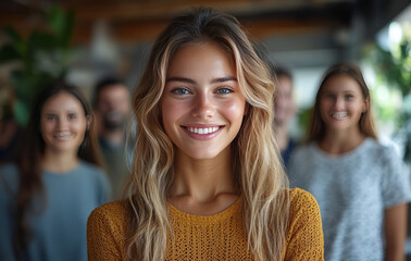 Fototapeta premium A young woman stands in the center of an office room, smiling and extending her hand to shake with five diverse business people standing behind he