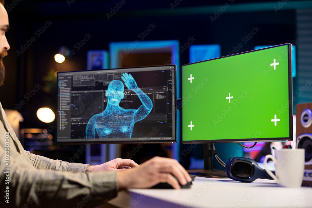 Poster self aware ai gaining humanoid form inside green screen computer, waving hand, saluting developer. a