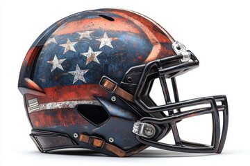 Fototapeta premium Football helmet with USA flag design, side view, no shadow, retro vector, used, old helmet, flat, paint style, watercolor style,