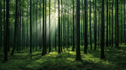 Fototapeta premium Serene forest with tall trees and sunlight filtering through the canopy, casting rays on lush green undergrowth in a tranquil woodland setting.