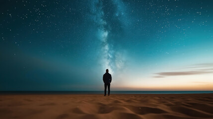 Silhouette of a person standing on a sandy beach under a clear starry night sky with the Milky Way visible in the background.