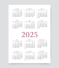 2025 calendar. Calender template. Week starts Sunday. Desk, pocket planner layout with 12 months. Vertical format. Yearly organizer grid. Monthly diary in simple design, English. Vector illustration.